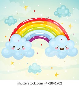 Cute clouds and a rainbow, children's illustration, vector.