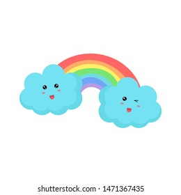 Cute clouds and rainbow drawing vector illustration isolated on white background