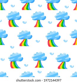 cute clouds with rainbow in flat hand drawn style seamless pattern