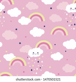 Cute clouds with a rainbow on a pink background. Seamless vector pattern.