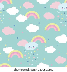 Cute clouds with a rainbow on a turquoise background. Seamless vector pattern.