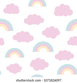 Cute clouds and rainbow seamless pattern, cartoon vector illustration, isolated sky background for kid