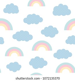 Cute clouds and rainbow seamless pattern, cartoon vector illustration, isolated sky background for kid