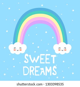 Cute clouds and rainbow, vector illustration, print