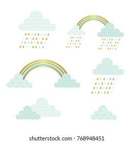  Cute clouds and rainbow. Weather, rain. Vector set