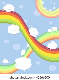 Cute clouds ride on the colored rainbows.