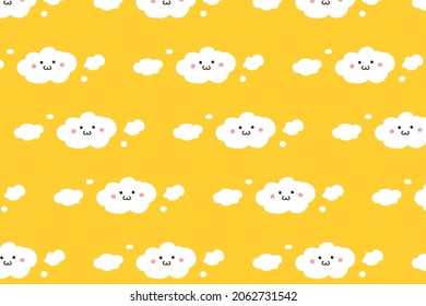 Cute Clouds seamless pattern on the yellow background. Repeating pattern for print, kid's decoration, textile, wallpaper for child. Flat vector.