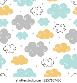 Cute clouds seamless pattern. Vector illustration, design for scrapbooking, textile, cards, nursery , paper goods, background, wallpaper, wrapping, fabric and more.