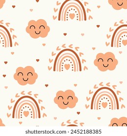cute clouds seamless vector pattern background illustration, Cute rainbows, clouds, hearts and love symbols. Valentine's day digital paper. Kids Pattern.