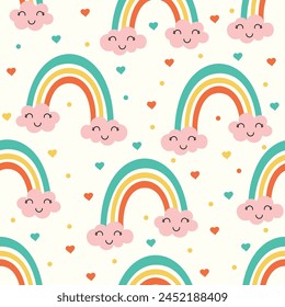 cute clouds seamless vector pattern background illustration, Cute rainbows, clouds, hearts and love symbols. Valentine's day digital paper. Kids Pattern.