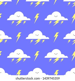 Cute clouds with smile and lightning, seamless pattern, cartoon vector illustration