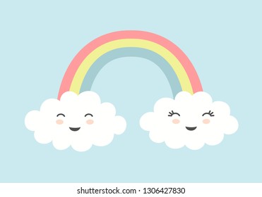 Cute clouds with smiling faces and rainbow on blue sky background. 