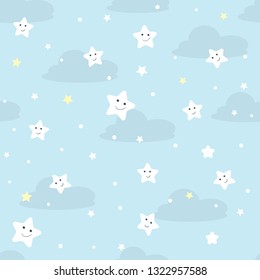 Cute clouds and stars with faces. Cartoon repeat seamless pattern for kids or baby shower. Vector illustration on pastel background. Best for kids, girl or boy.