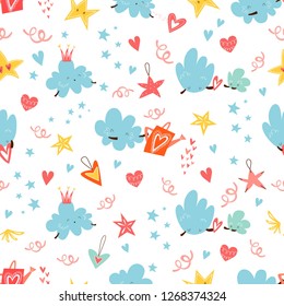 Cute clouds and stars hand drawn color vector seamless pattern. Wrapping paper, textile, background fill
