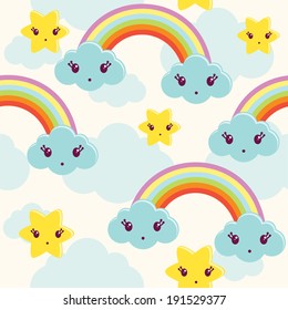 Cute clouds, stars and rainbow seamless pattern. Vector illustration.
