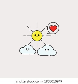 Cute clouds and sun Illustration, happy and love face icon. Simple modern weather vector icon, flat graphic symbol in trendy flat design style.