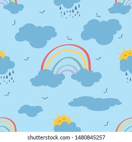 Cute clouds, sun, clouds, rainbow. Style cartoon, seamless Pattern. Vector illustration