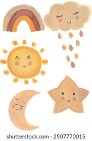 Cute clouds, sun, stars,rainbow and rain watercolour illustration clipart vector design nursery room decor