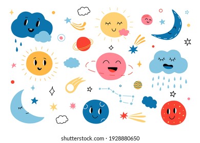 Cute clouds and Suns. Cartoon funny Sun, planets, stars and clouds for baby greeting cards. Vector childish isolated set