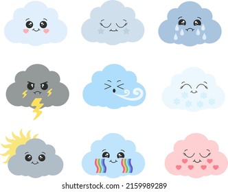 Cute clouds vector illustration for kids. isolated kids design, stickers. Baby shower clouds in kawaii style