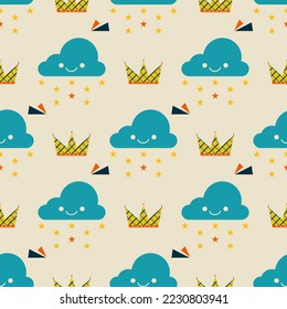 cute cloudy, moon and crown on light background. seamless pattern. vintage style. vector illustration.