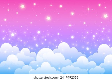 Cute cloudy pink sky with stars. Vector fantasy pastel background. Purple dreamy landscape. Abstract gradient girly wallpaper