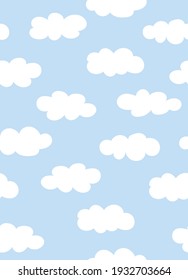 Cute Cloudy Seamless Pattern on Blue Background. Hand Drawn Vector Illustration. Nursery Wall Art for Baby Boy And Baby Girl. Great for Textile, Fabric Prints, Wrapping Paper.