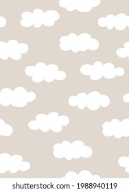 Cute Cloudy Seamless Pattern on Neutral Beige Background. Hand Drawn Vector Illustration. Nursery Wall Art for Baby Boy And Baby Girl. Great for Textile, Fabric Prints, Wrapping Paper.