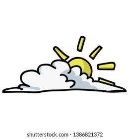 Cute cloudy sun cartoon vector illustration motif set. Hand drawn weather element blog icons. Summer day graphics. Morning web buttons.