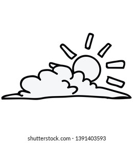 Cute cloudy sun lineart cartoon vector illustration motif set. Hand drawn weather element blog icons. Summer day graphics. Monochrome morning web buttons.