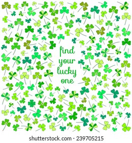 Cute clover flower postcard-game "find your lucky one". Find the only one clover flower with four leaves and make a wish