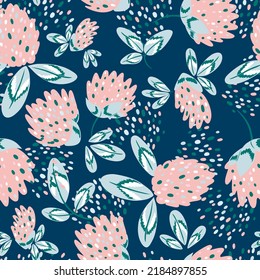 Cute clover flowers with leaves seamless pattern. Floral vector pastel background. Ideal for printing on fabric.