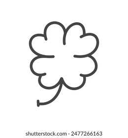 Cute clover icon. Hand drawn monochrome illustration of a four-leaf clover isolated on a white background. Kawaii sticker. Vector 10 EPS.