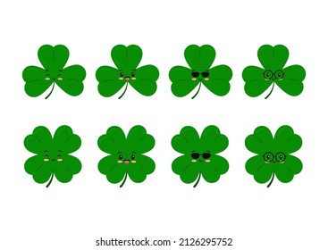 Cute clover leaves kids mascot set isolated on white background: green lucky four leaf clover and shamrock clover. Flat cartoon vector illustration. Traditional Irish symbol for St. Patrick's day.