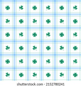 Cute Clover Lucky leaf Element Blue Green Stripe Striped Line Tilt Checkered Plaid Tartan Buffalo Scott Gingham Pattern Illustration Wrapping Paper, Picnic Mat, Tablecloth, Fabric Background