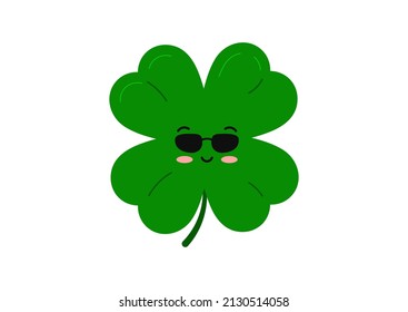 Cute clover in sunglasses four leaf kids character set isolated on white background. Green kawaii emoji 4 leaves clover lucky emoji mascot Flat design cartoon vector illustration.