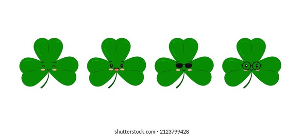 Cute clover tree leaf kids character set isolated on white background. Green good luck clover lucky emoji mascot Flat design cartoon vector illustration. Traditional Irish symbol for St. Patrick s day