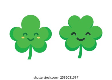 Cute Clovers St. Patrick's Day Lucky Clover  icon, green clover leaves in different angles. 3D shamrock. St. Patrick's Day element render in plastic style. Cartoon vector