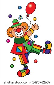 Cute clown with a balloon. Colored vector for card or gift.