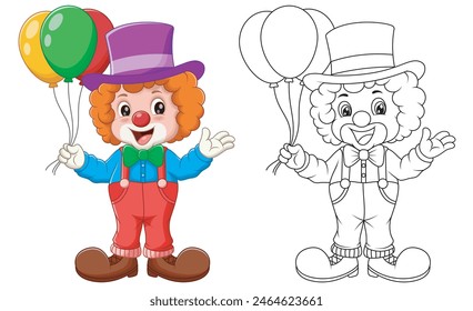 Cute Clown With Balloons Coloring Illustration. Vector Illustration