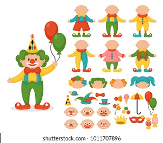 Cute clown character creator set. Design your own clown with different body, head, hair and face. Vector illustration