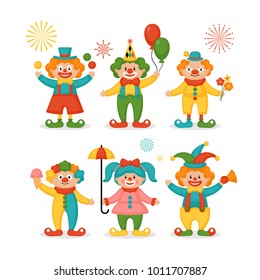 Cute clown character design set. Birthday or carnival party invitation. Vector illustration