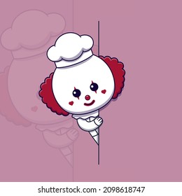 Cute clown chef peeking out behind blank sign