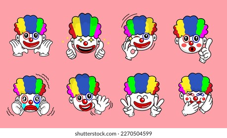 Cute clown close up expression, cute clown emoji sticker and happy birthday elements
