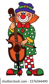 Cute clown in a colorful outfit is playing a cello. Colored vector for card or gift.