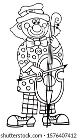 Cute clown in a colorful outfit is playing a cello. Colored vector for card or gift.