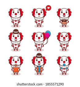 Cute Clown with Different Expressions Set Cartoon Vector Icon Illustration. Flat Cartoon Style Suitable for Story Book, Flyer, Sticker, Card