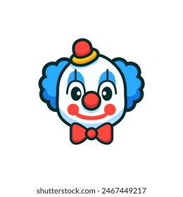 cute clown face with blue hair and red hat cartoon character vector illustration template design. circus funny humor.