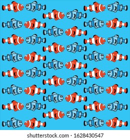 Cute clown fish background pattern with blue color