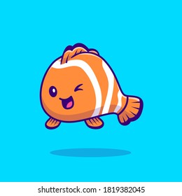 Cute Clown Fish Cartoon Vector Icon Illustration. Sea Animal Icon Concept Isolated Premium Vector. Flat Cartoon Style